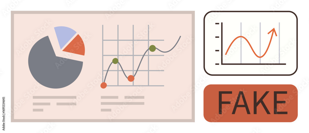 Poster pie chart, line graph displaying data with markers, and fake label. ideal for data accuracy, misinfo