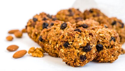 Delicious and Healthy Oatmeal Raisin Cookies with Nuts on a White Background