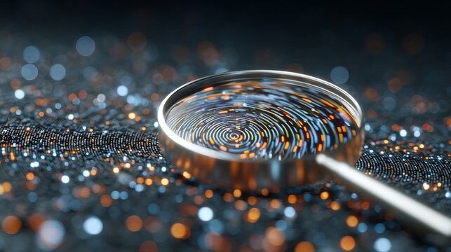 Magnifying glass reveals intricate digital data patterns and glowing abstract particles, symbolizing deep analysis and discovery in technology