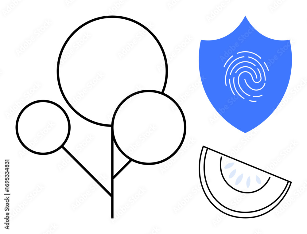 Aufkleber minimal tree outline with round shapes, blue shield with fingerprint pattern, and a watermelon slice