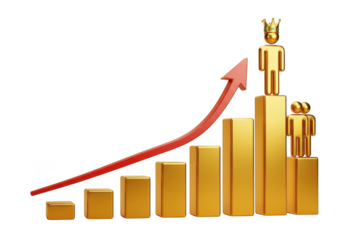 Golden bar chart showing upward trend with a crowned figure at the peak isolated on transparent background