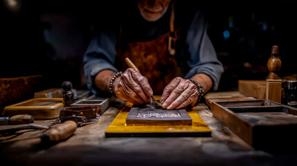 Embossing die leaving a raised pattern on heavy paper macro top-down tilt directional spotlight reverent and artisanal