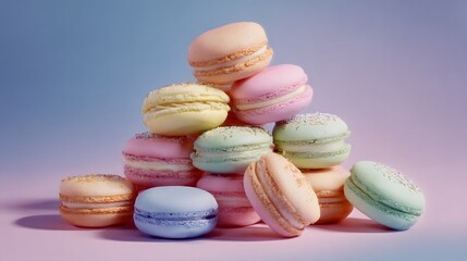 Obraz premium A delightful array of colorful macarons, stacked in a pyramid shape, against a soft gradient backdrop of pinks and blues, showcasing their delicate texture and vibrant hues.