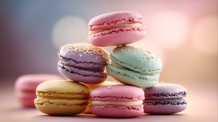 A delightful array of colorful macarons stacked in a tempting pyramid, showcasing pastel hues and delicate detailing.