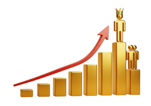 Golden bar chart showing upward trend with a crowned figure at the peak isolated on transparent background