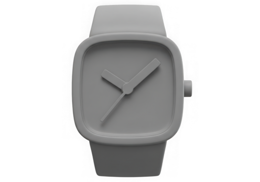 Minimalist grey wristwatch with a square face and simple hands isolated on transparent background