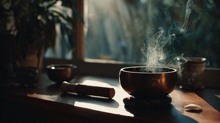 A close-up shot of a singing bowl with smoke rising, placed on a windowsill.