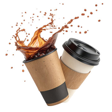 Coffee splash from two paper cups isolated on transparent background