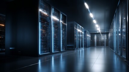Advanced data center servers glow with vibrant blue and orange lights in a modern, high-tech network room