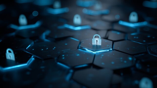 Secure digital network with glowing hexagonal nodes and illuminated padlocks representing cyber defense and data protection