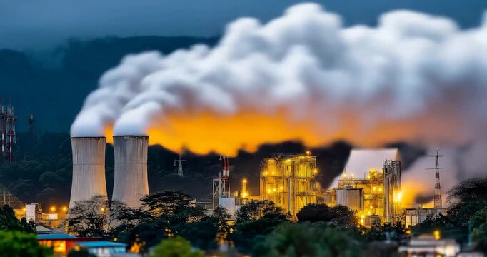 Night-time exterior of a printing plant with lit windows drone aerial hover with slow orbit cool nocturnal lighting industrious and resilient