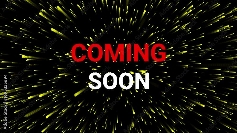 Poster exciting coming soon animation with dynamic yellow light trails and bold text effect. 4k video anima