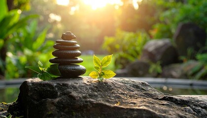 Obraz premium Zen stones balanced on a rock in a garden