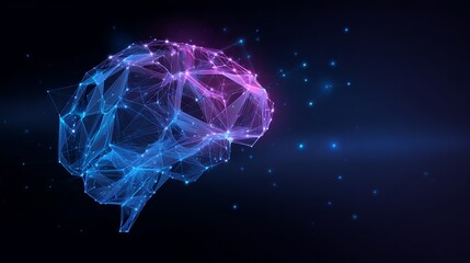Dynamic digital brain visualization glowing with vibrant blue and purple light, representing AI and neural network innovation