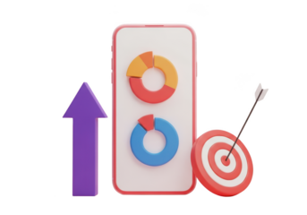 3d rendering of a smartphone displaying pie charts next to a bullseye target and upward arrow isolated on transparent background