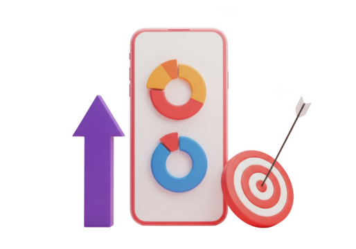 3d rendering of a smartphone displaying pie charts next to a bullseye target and upward arrow isolated on transparent background - Powered by Adobe