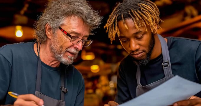 Press operator teaching an apprentice with a printed proof in hand two-shot medium shot with slow push-in warm window light mentoring and human