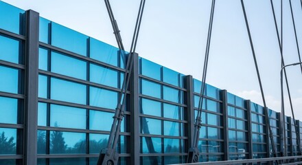 Modern highway safety barrier with tinted glass panels.  Metal framework with tension cables.  Clear blue sky background