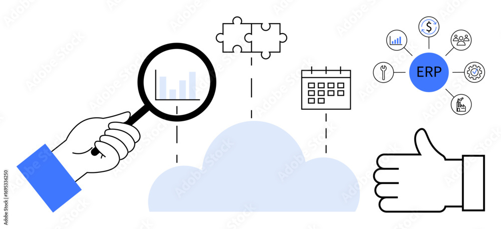 Poster magnifying glass over data graph, cloud puzzle, calendar, erp system icon, thumbs-up symbol. ideal f