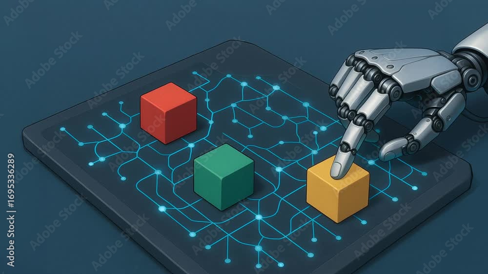 Aufkleber robotic hand interacts with neural network tablet arranging red and green cube touchscreen grid comb