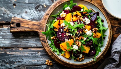 Delicious and vibrant beet salad with goat cheese, oranges, and arugula on rustic background