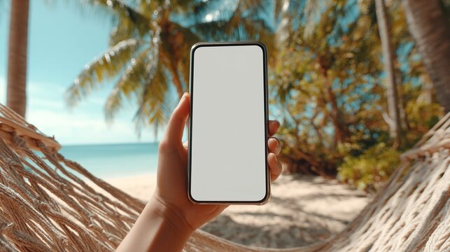 Woman's hand holding a smartphone with a blank screen on a tropical beach with palm trees and ocean in the background, relaxing in a hammock
