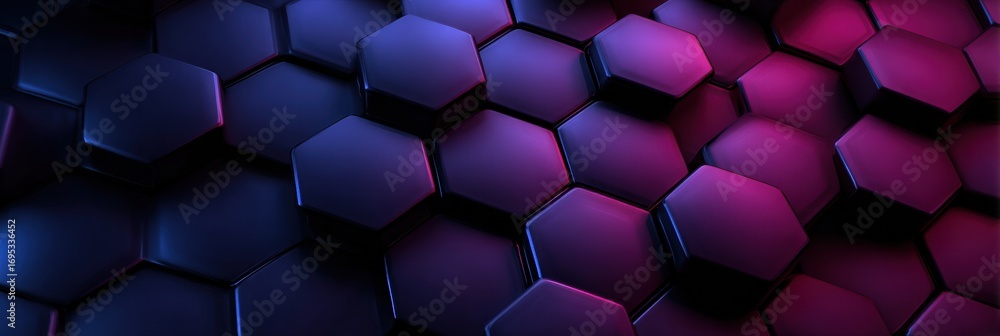 Poster hexagonal patterns create a modern, vibrant visual effect with purple and blue hues on a dark backgr