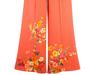 Close-Up of Floral Patterned Orange Bell Bottom Pants Fabric and Flared Hem, PNG