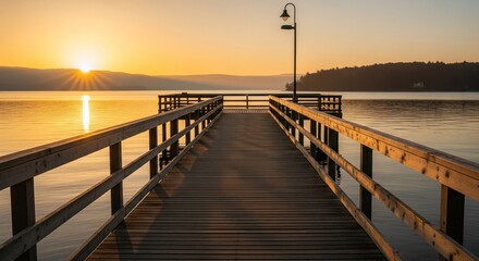 Obraz premium Sunrise over a serene lake pier. Wooden planks extend into calm water, a lamp post stands sentinel, golden sunrise bathes the scene
