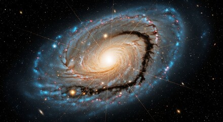 Vast spiral galaxy with glowing core and swirling arms filled with stars and cosmic dust