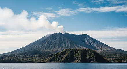 Volcano erupting over a lake.  Dark, conical volcano with plumes of smoke rising. Lush green vegetation on the volcano's slopes. Calm lake water reflects the sky. Clear blue sky with scattered clouds