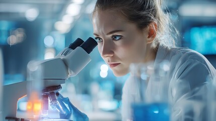 Focused scientist meticulously examines cellular structures under a powerful microscope in a modern, brightly lit laboratory setting