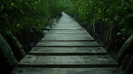 Obraz premium Serene Wooden Walkway Through Lush Green Mangrove Trees in Tranquil Nature Setting with Beautiful Reflections and Natural Light