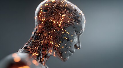 Advanced AI consciousness emerges with glowing circuits illuminating a futuristic digital mindscape