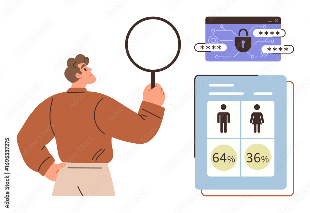 Aufkleber man examines gender percentage statistics on a graph and a password-protected security lock screen. 
