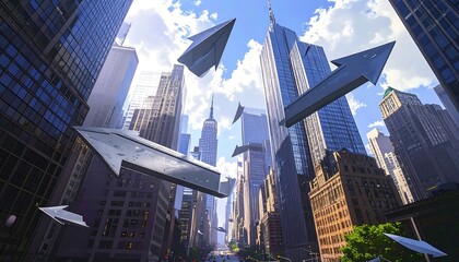 Fototapeta na wymiar Upward arrows hover amidst skyscrapers