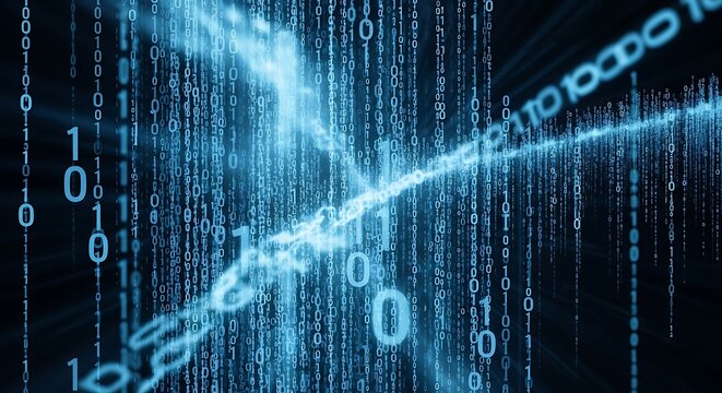 A dynamic digital illustration displays a cascade of binary code numbers in a vibrant blue hue against a dark backdrop.