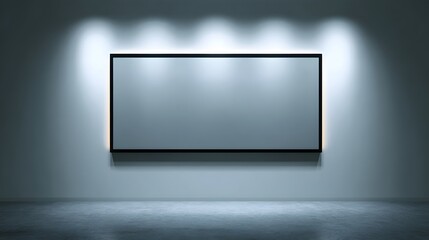 A minimalist, well-lit gallery space, showcasing a blank, framed artwork on a light gray wall.
