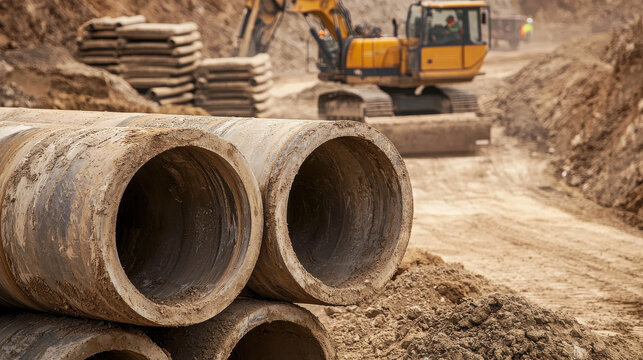 Construction Site Activity Featuring Heavy Machinery and Pipe Installation in a Dusty Environment