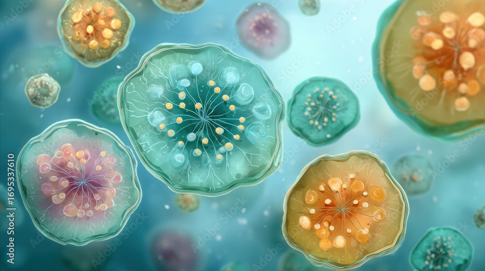 Aufkleber colorful microorganisms floating in a microscopic environment showcasing diversity and activity of c