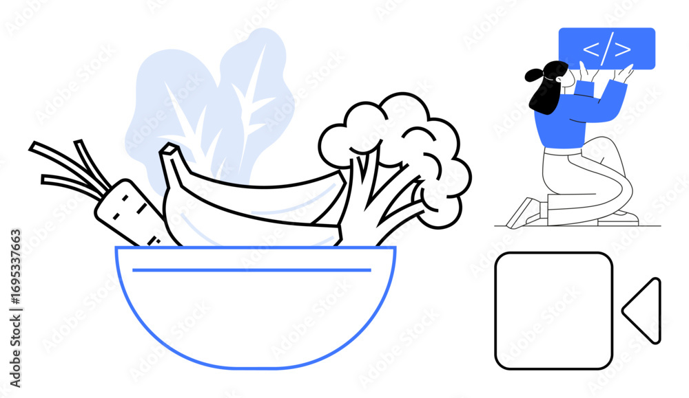 Poster fresh produce thumbs up broccoli, bananas, and carrots in a bowl, alongside a coder handling a proje