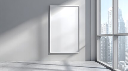 A modern, minimalist interior scene showcases a large, empty white framed picture on a light gray wall, bathed in natural light, and facing a corner panoramic cityscape view.