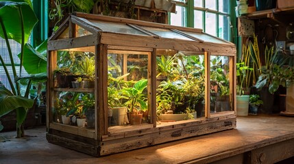 A beautifully illuminated miniature wooden and glass greenhouse filled with various thriving houseplants on a rustic table.