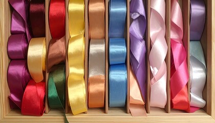 Colorful ribbons in wooden box