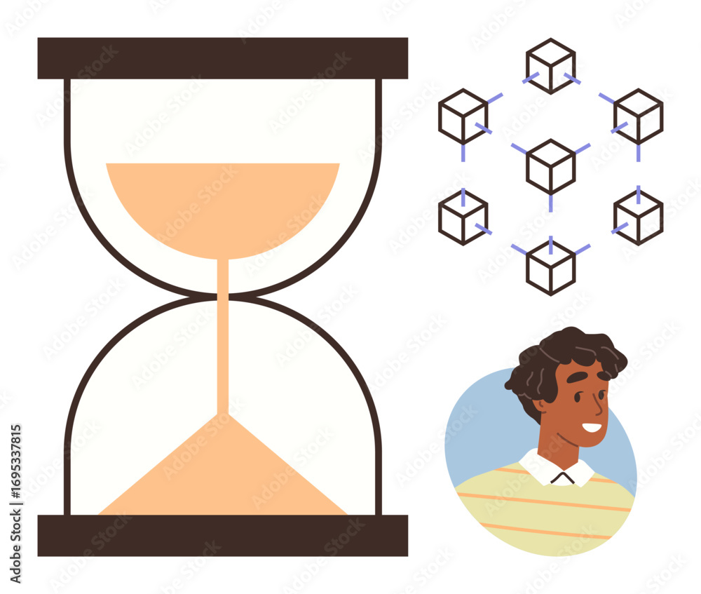 Poster hourglass measuring time, blockchain network symbolizing technology and connectivity, and smiling pe