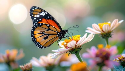 Naklejka premium A vibrant butterfly, wings of orange and black, sips nectar from a delicate, white flower, bathed in soft sunlight.