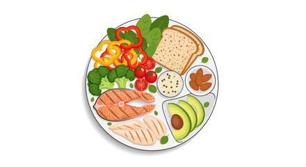 Colorful and healthy food plate showcasing salmon chicken avocado and vegetables balance diet
