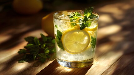 Fototapeta premium A refreshing beverage, featuring a glass of iced lemon-mint drink, bathed in warm sunlight on a wooden surface.
