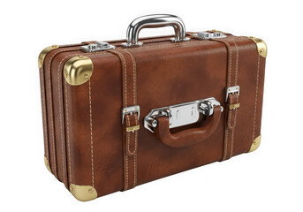 Vintage brown leather suitcase with brass accents, isolated on transparent background