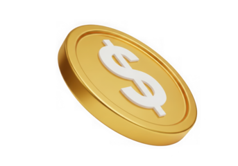 A single gold coin with a dollar sign on a transparent background